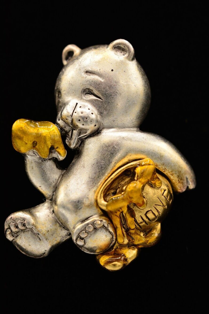 Danecraft Vintage Honey Jar Bear Pin Brooch Brushed Gold Silver Signed 80s BinA3